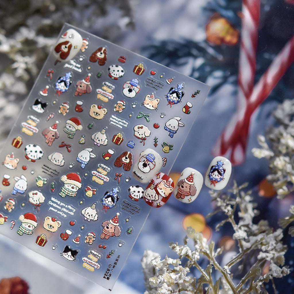 LuLuFun Studio Christmas Puppy and Kitty Nail Art Deco Stickers - 1 Sheet