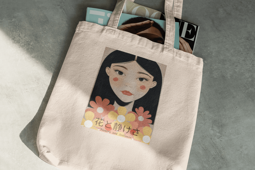 Flowers & Stillness Tote Bag – Japanese Portrait Eco Canvas Shopper – Artistic Floral Carryall Gift