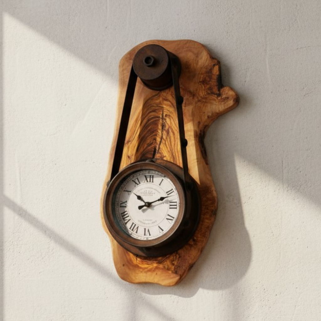Olive Wood Rustic Round Wall Clock Roman Numeral Dial