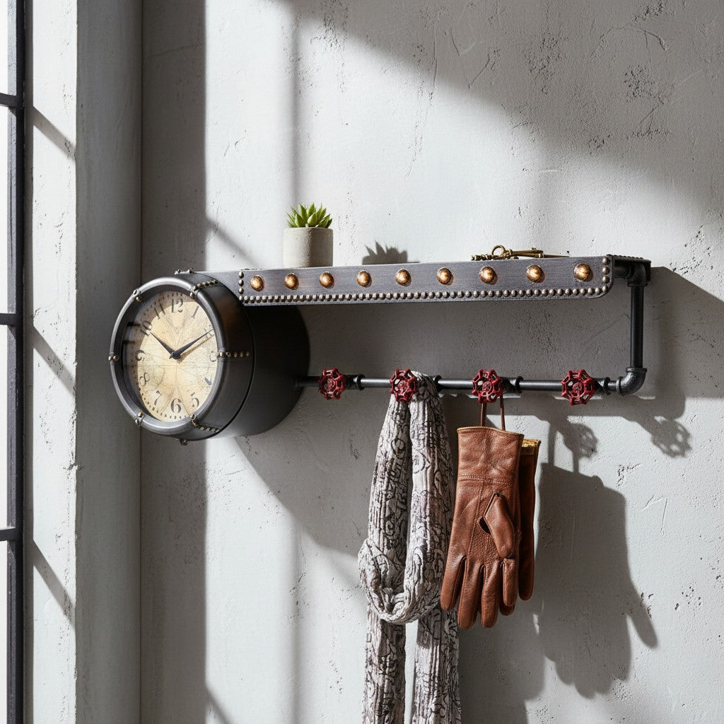Beautiful shelf with clock and hooks