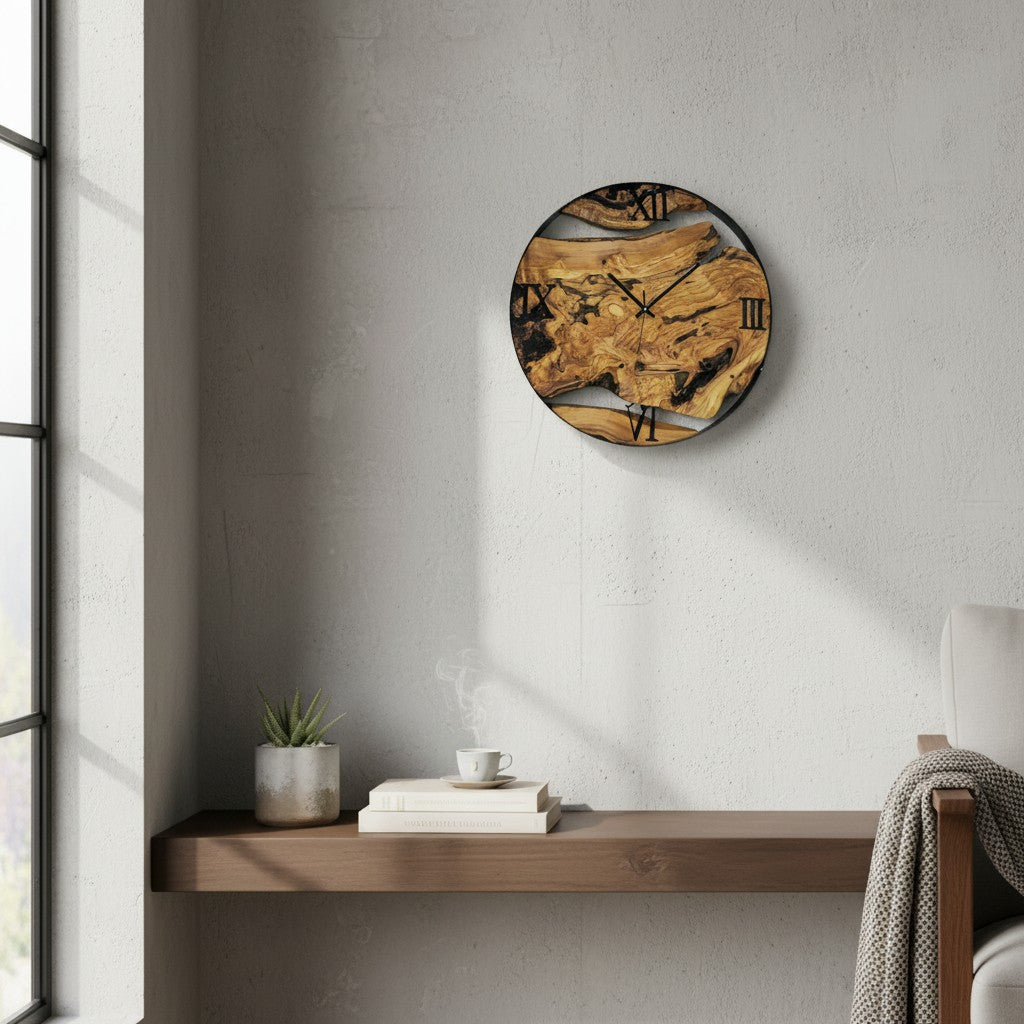 Olive Wood Wall Clock with metal Edge