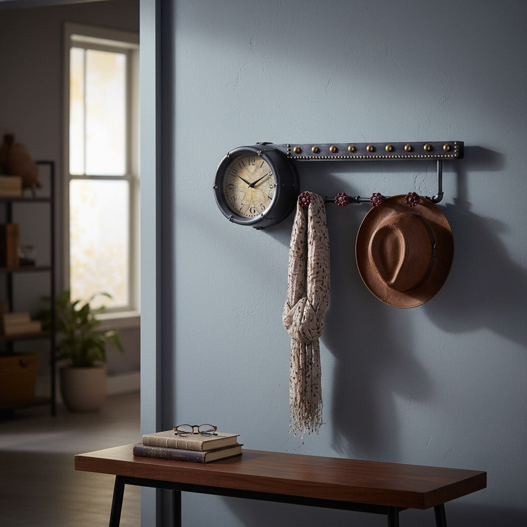 Beautiful shelf with clock and hooks