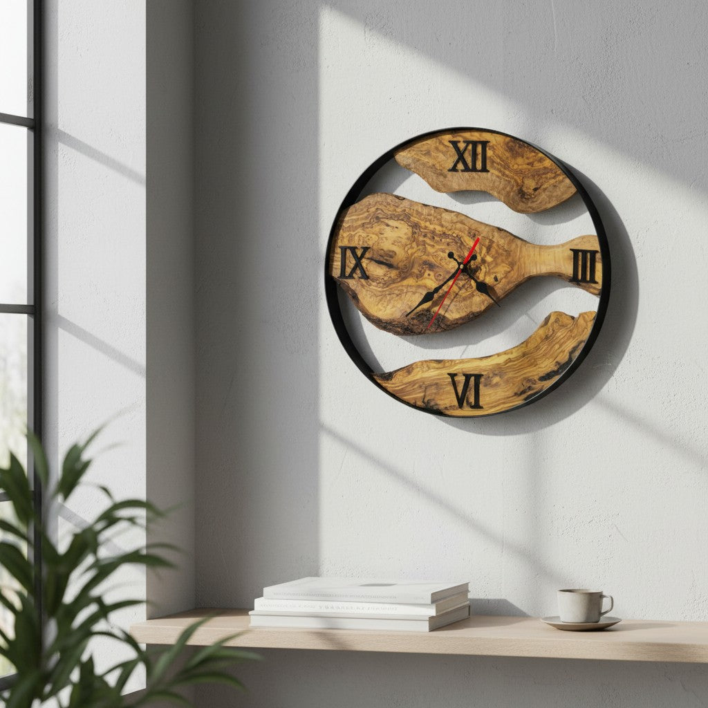 Olive Wood Wall Clock with metal Edge