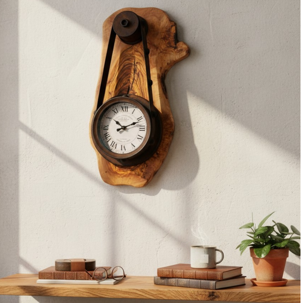 Olive Wood Rustic Round Wall Clock Roman Numeral Dial
