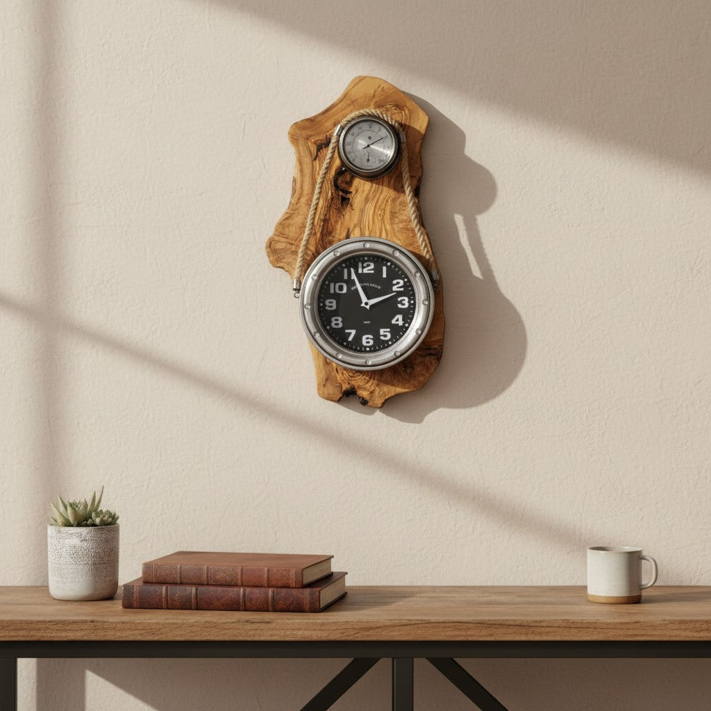 Beautiful stainless finish rope clock with Olive Wood base