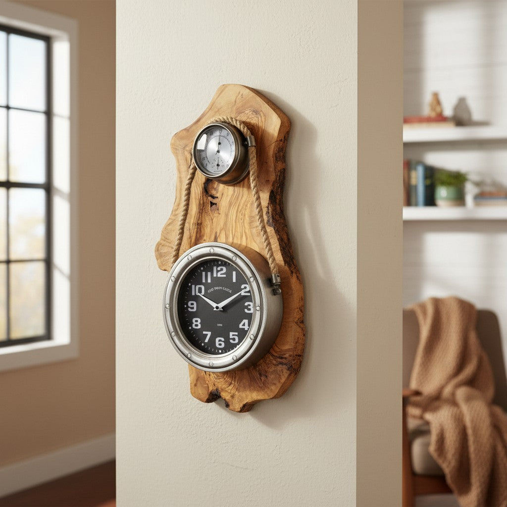 Beautiful stainless finish rope clock with Olive Wood base