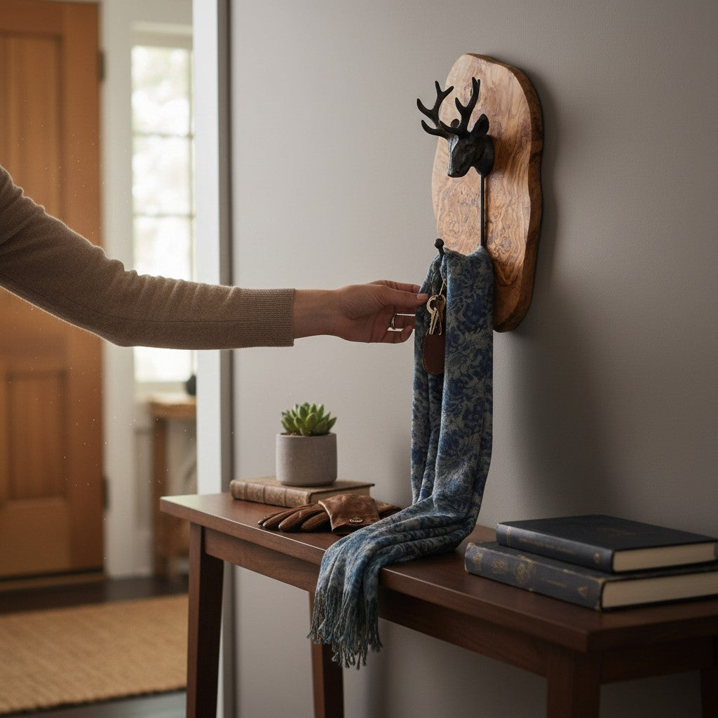 Antique Stag Head Single Wall Hook with Rustic olive wood base
