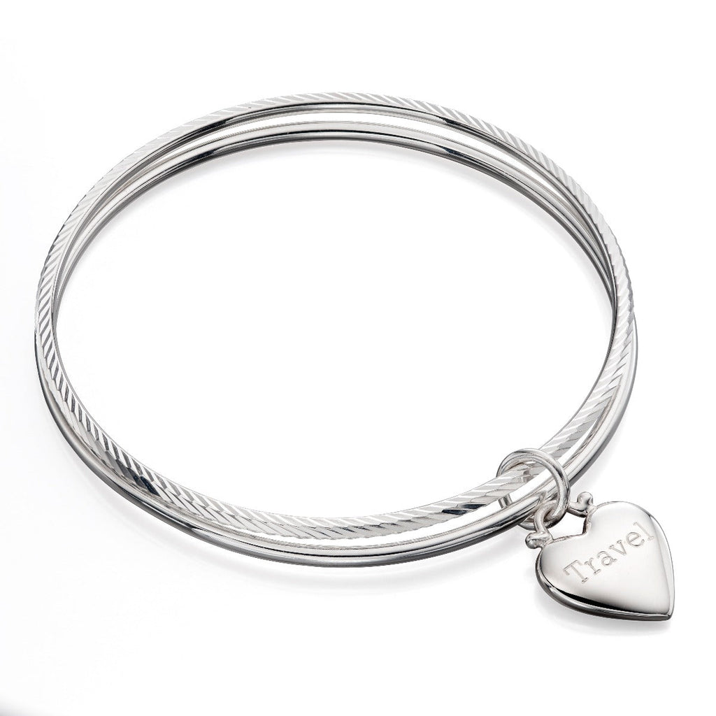 Gecko Jewellery Sterling Silver Diamond Cut Double Bangle Heart Tag