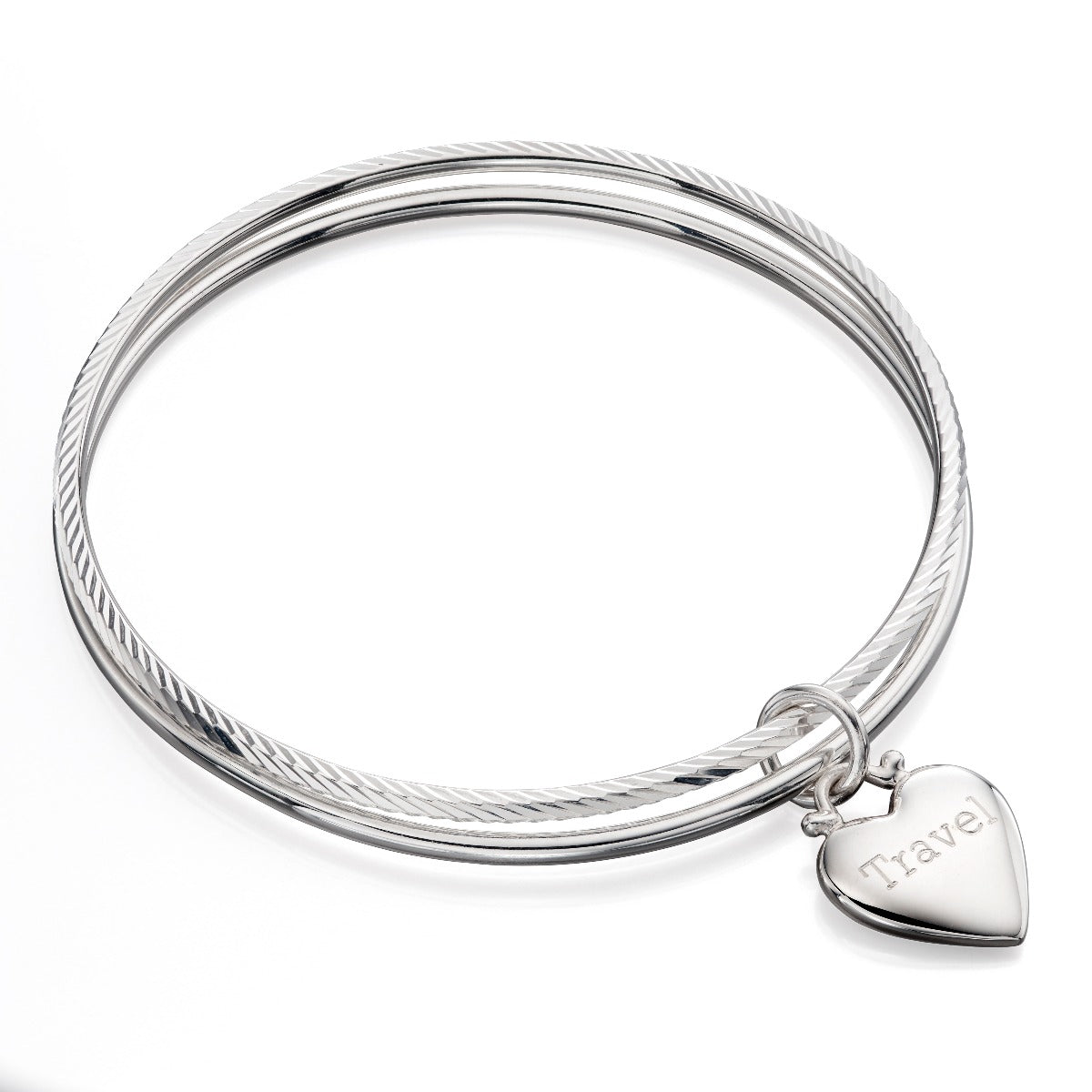 Gecko Jewellery Sterling Silver Diamond Cut Double Bangle Heart Tag