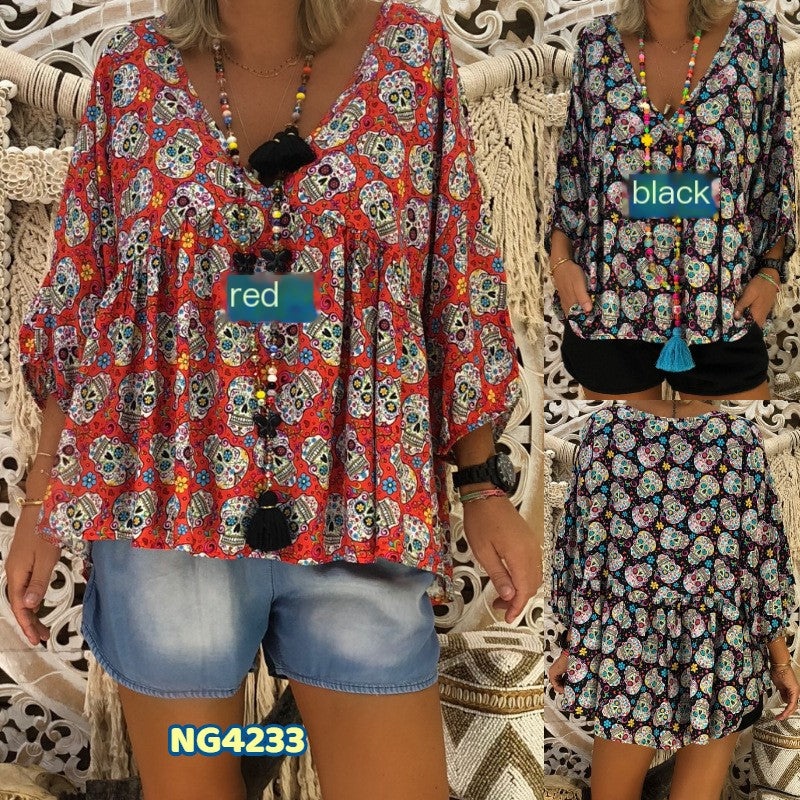V-Neck Skull Print Three-Quarter Sleeve T-Shirt