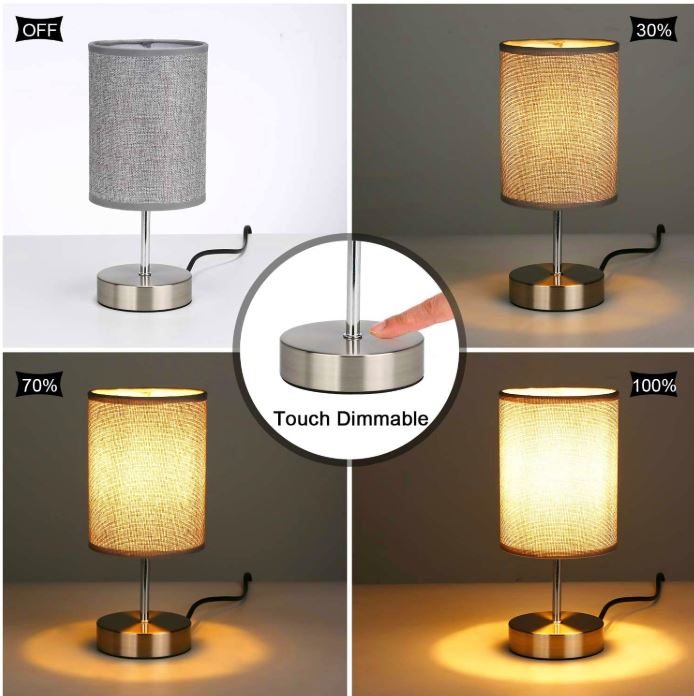 Lightsjoy Dimmable Touch Bedside Lamps – Grey Fabric Table Lamps (Set of 2)