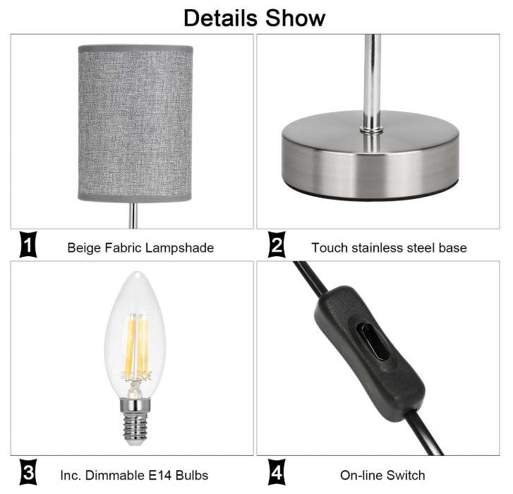 Lightsjoy Dimmable Touch Bedside Lamps – Grey Fabric Table Lamps (Set of 2)