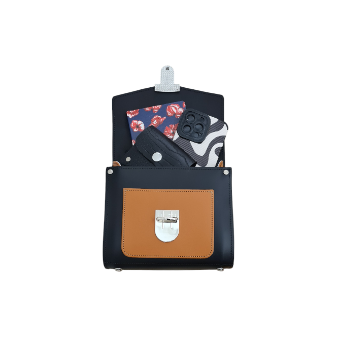 Handmade Leather Two Tone Sugarcube Handbag - Black & Burnt Orange