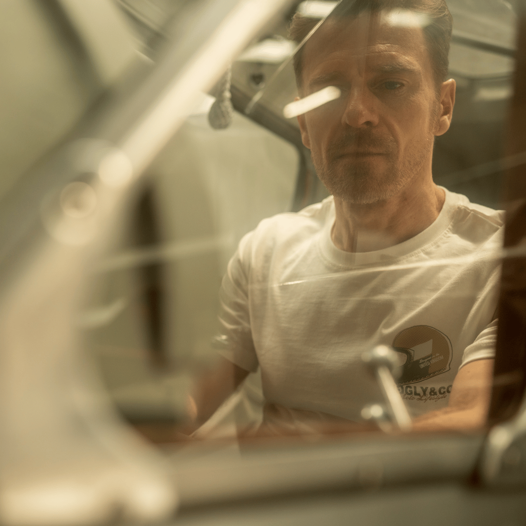 Uggly and Co Helmet Graphic Tee – White Heavyweight Cotton Moto Shirt