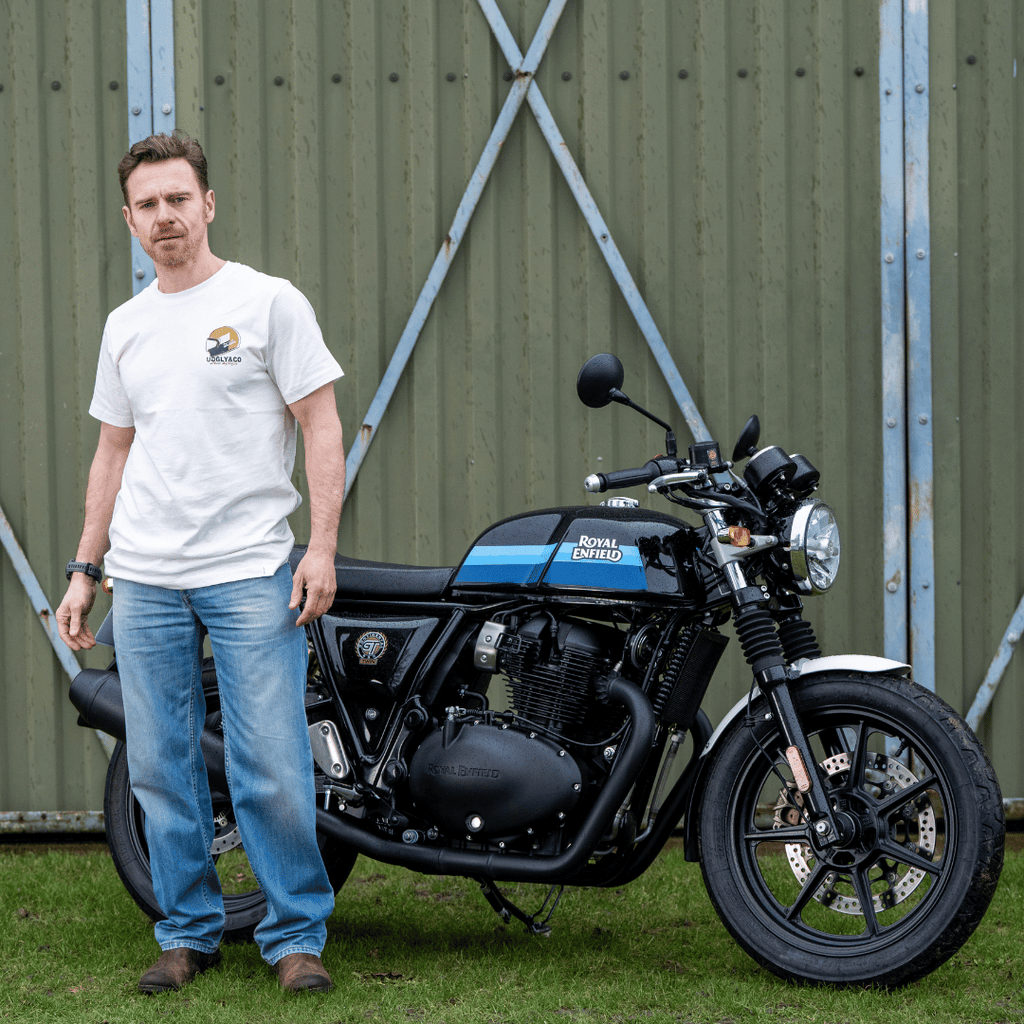 Uggly and Co Helmet Graphic Tee – White Heavyweight Cotton Moto Shirt