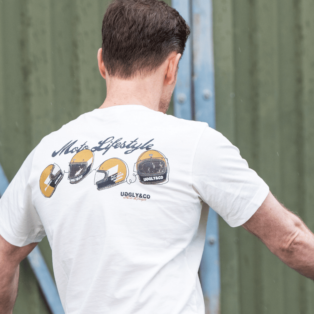 Uggly and Co Helmet Graphic Tee – White Heavyweight Cotton Moto Shirt