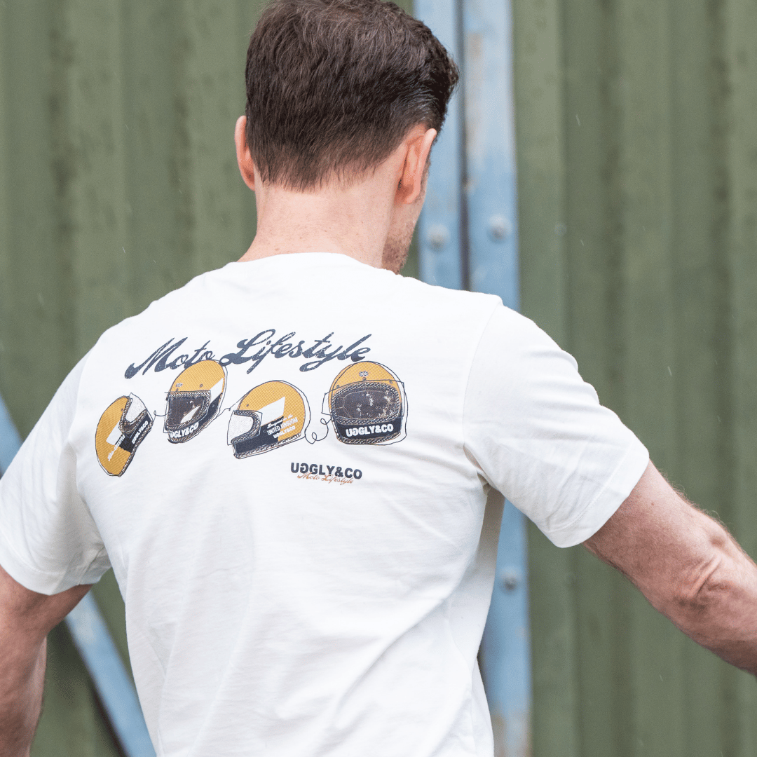 Uggly and Co Helmet Graphic Tee – White Heavyweight Cotton Moto Shirt