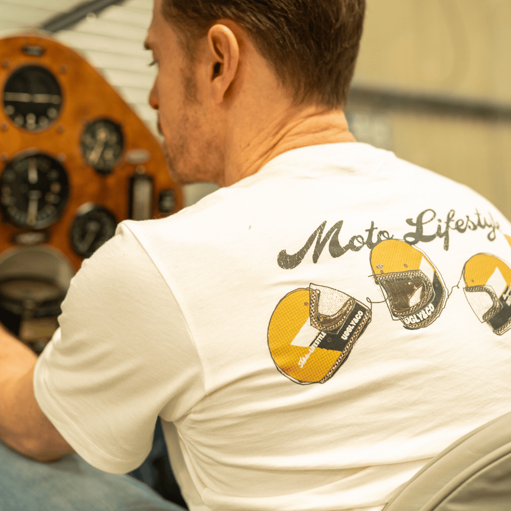 Uggly and Co Helmet Graphic Tee – White Heavyweight Cotton Moto Shirt