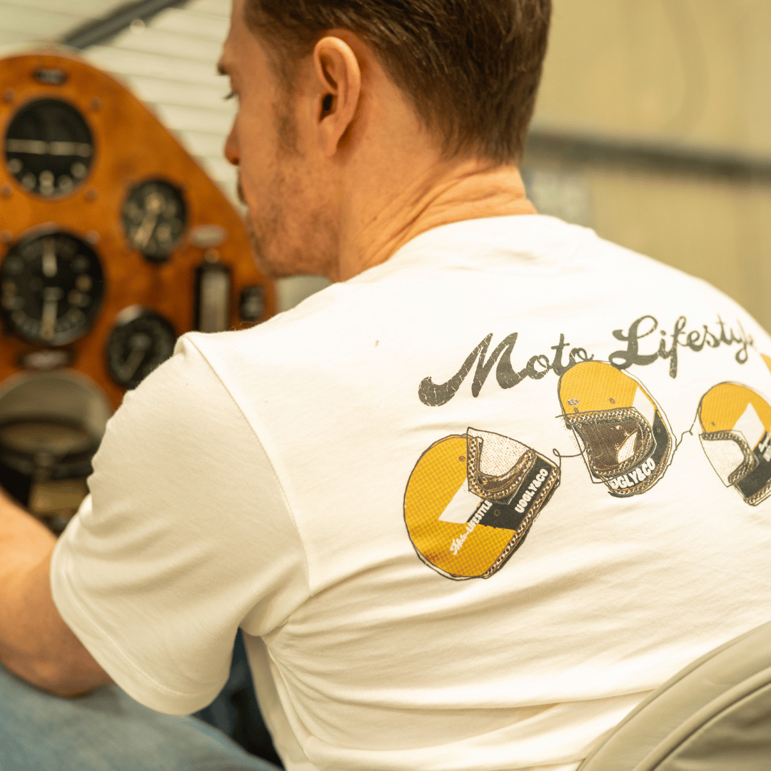 Uggly and Co Helmet Graphic Tee – White Heavyweight Cotton Moto Shirt