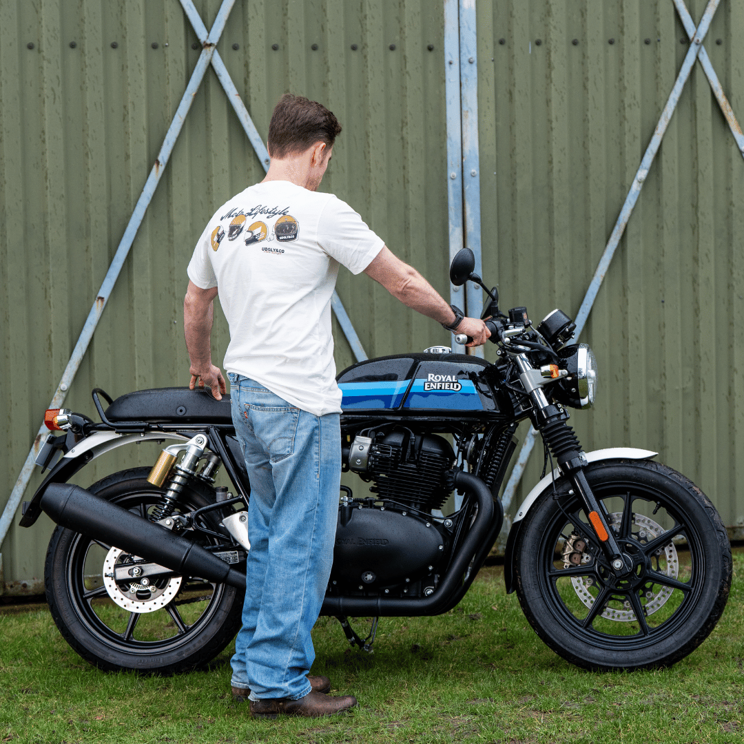Uggly and Co Helmet Graphic Tee – White Heavyweight Cotton Moto Shirt