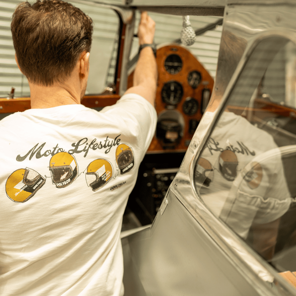 Uggly and Co Helmet Graphic Tee – White Heavyweight Cotton Moto Shirt