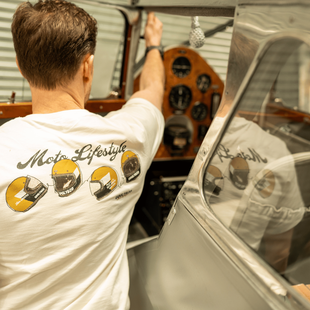 Uggly and Co Helmet Graphic Tee – White Heavyweight Cotton Moto Shirt