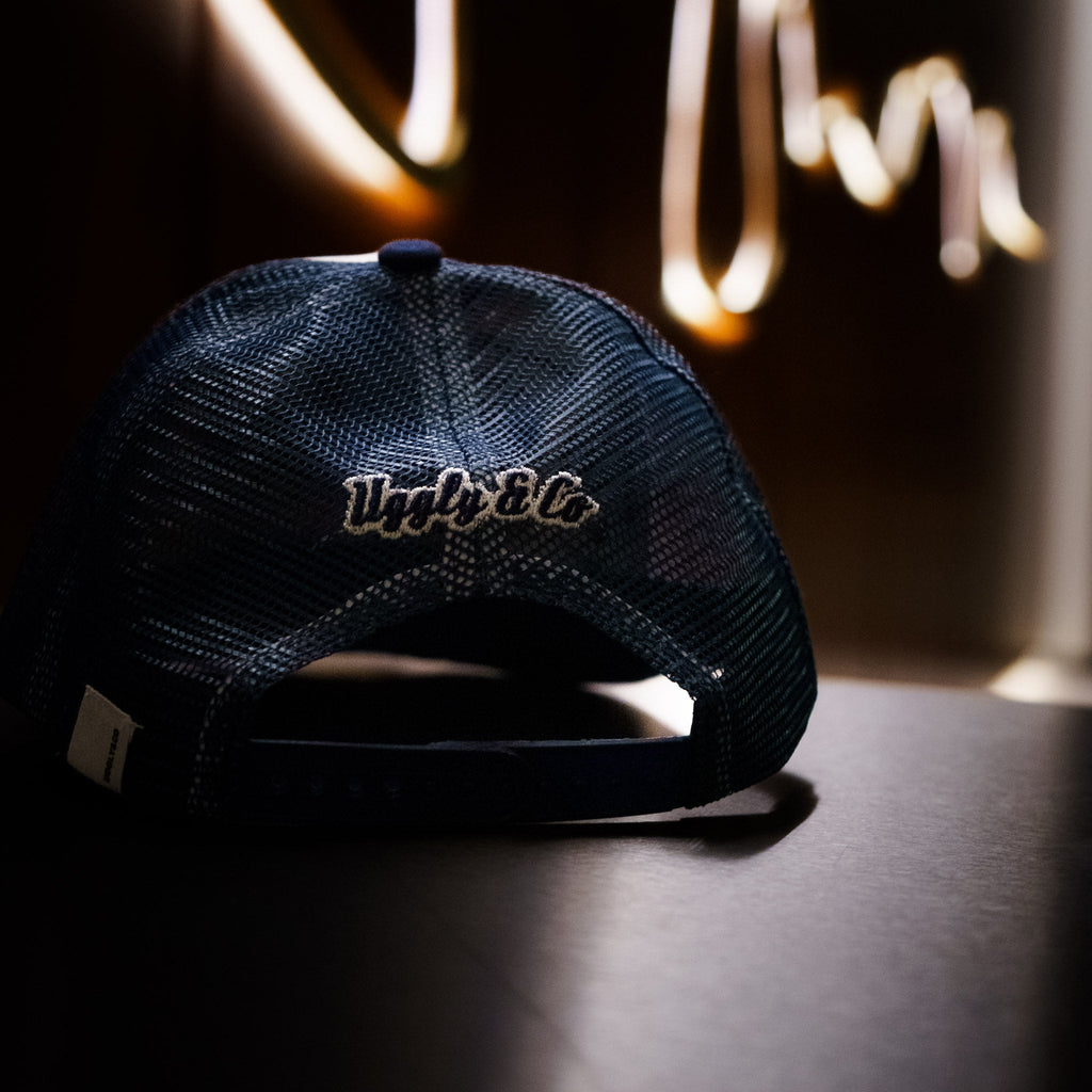 Uggly & Co Navy Blue & White Diamond Distressed Trucker Hat