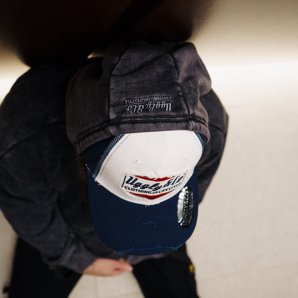 Uggly & Co Navy Blue & White Diamond Distressed Trucker Hat