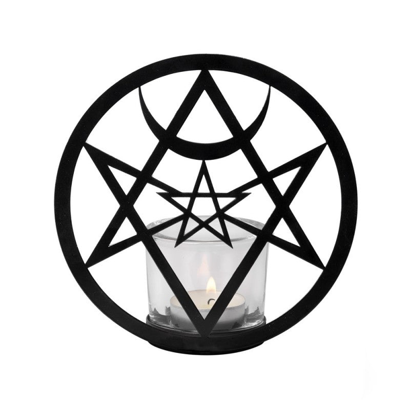 Alchemy Gothic Hexagram Tealight Holder – Black Iron & Glass Candle Stand