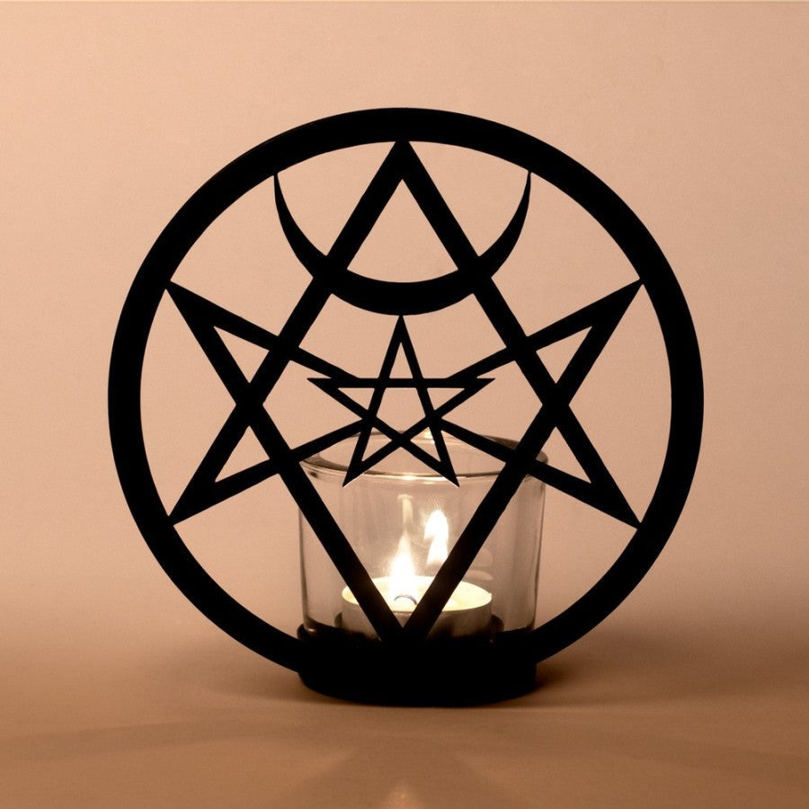 Alchemy Gothic Hexagram Tealight Holder – Black Iron & Glass Candle Stand