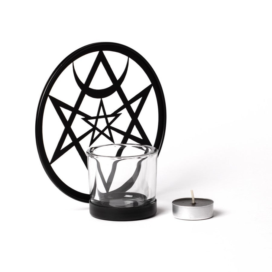 Alchemy Gothic Hexagram Tealight Holder – Black Iron & Glass Candle Stand
