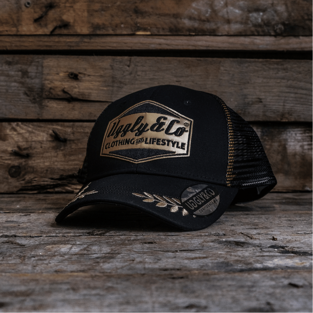 Uggly and Co Podium Trucker Hat – Black & Gold Vintage Motorsport Cap