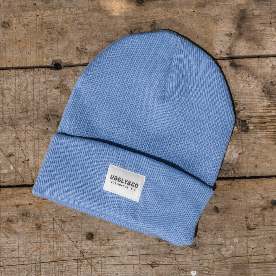 Uggly and Co Sky Blue Fisherman Beanie – Recycled Knit Cuffed Hat