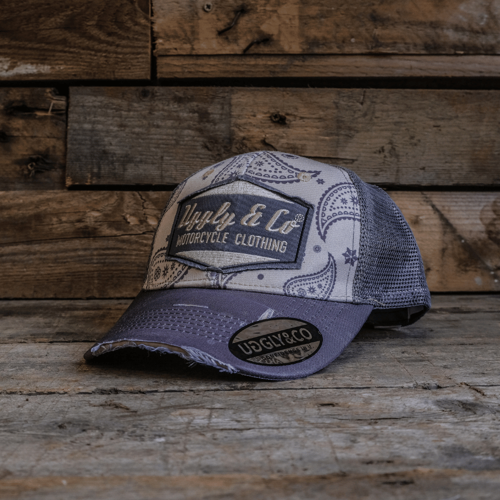 Uggly & Co Bandana Diamond Trucker Hat – Distressed Vintage Blue Cap