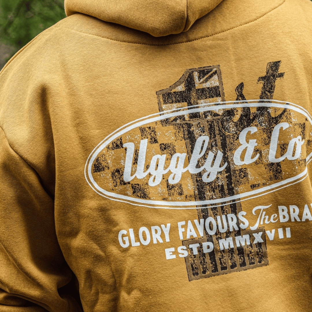 Uggly & Co Mustard No.1 Graphic Hoodie | Cotton Biker Racing Apparel