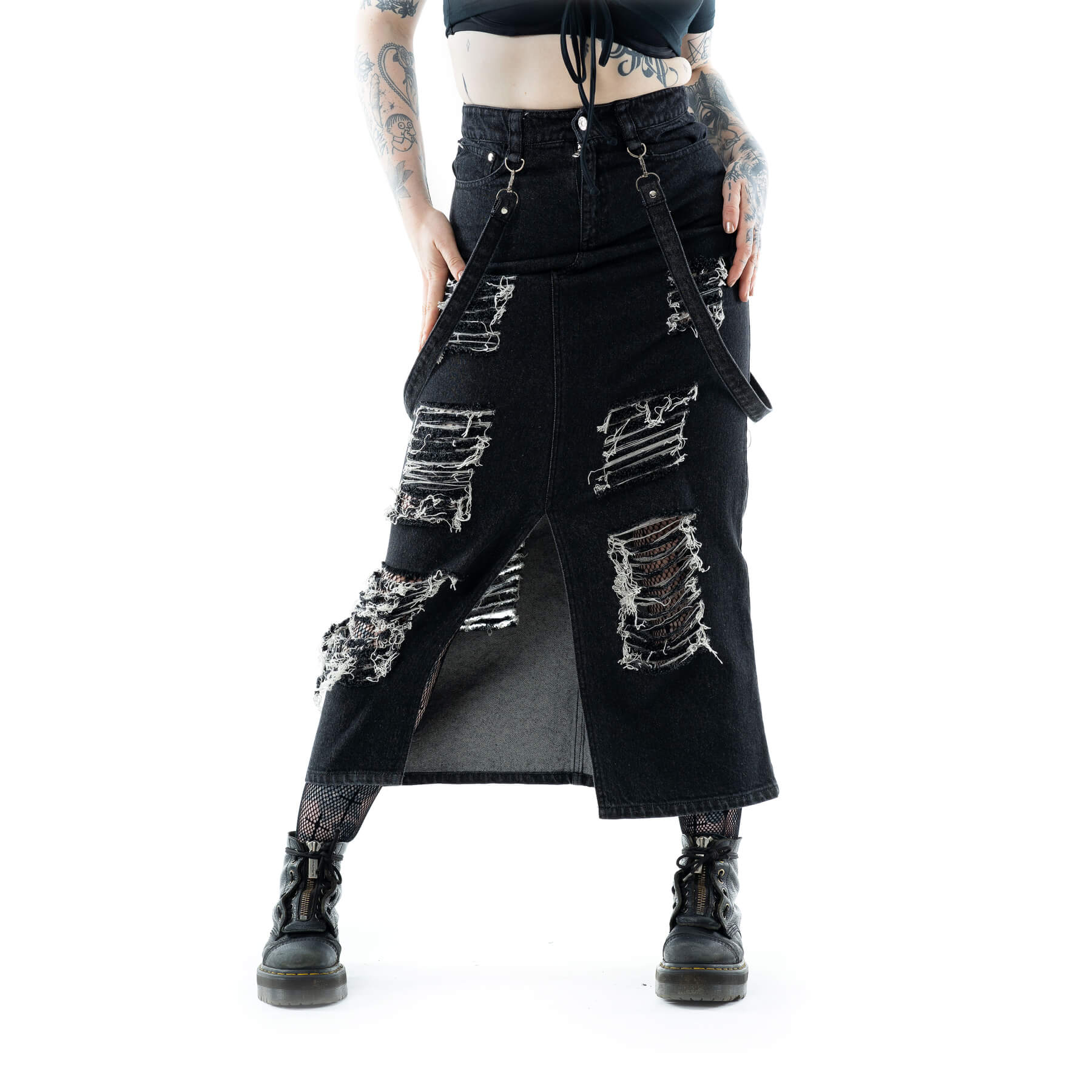 Vixxsin Runa Black Stonewash Denim Maxi Skirt | Distressed Goth Style