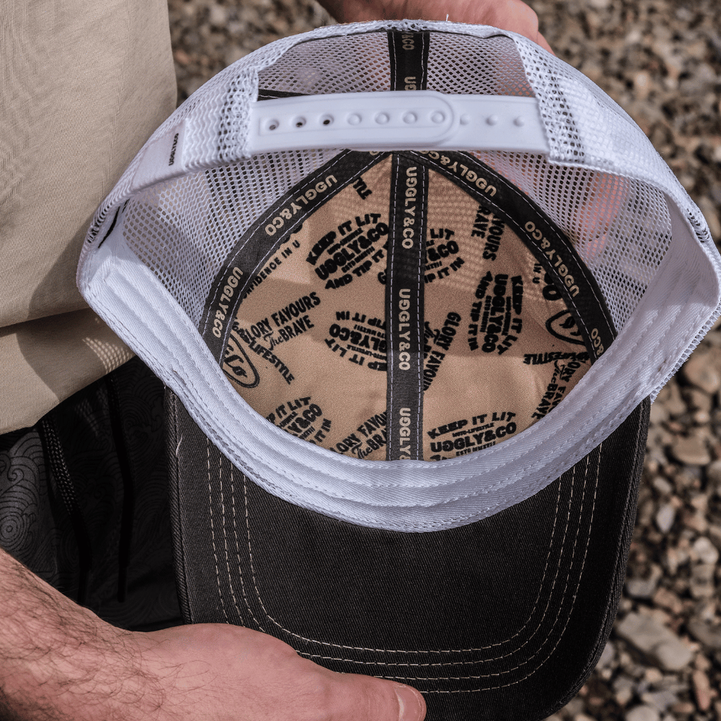 Uggly & Co Surf Diamond Trucker Hat – Distressed Beige & Mesh Cap