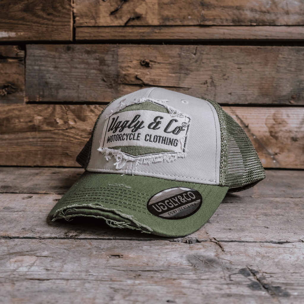 Uggly and Co Green Diamond Trucker Hat – Distressed Vintage Style Cap
