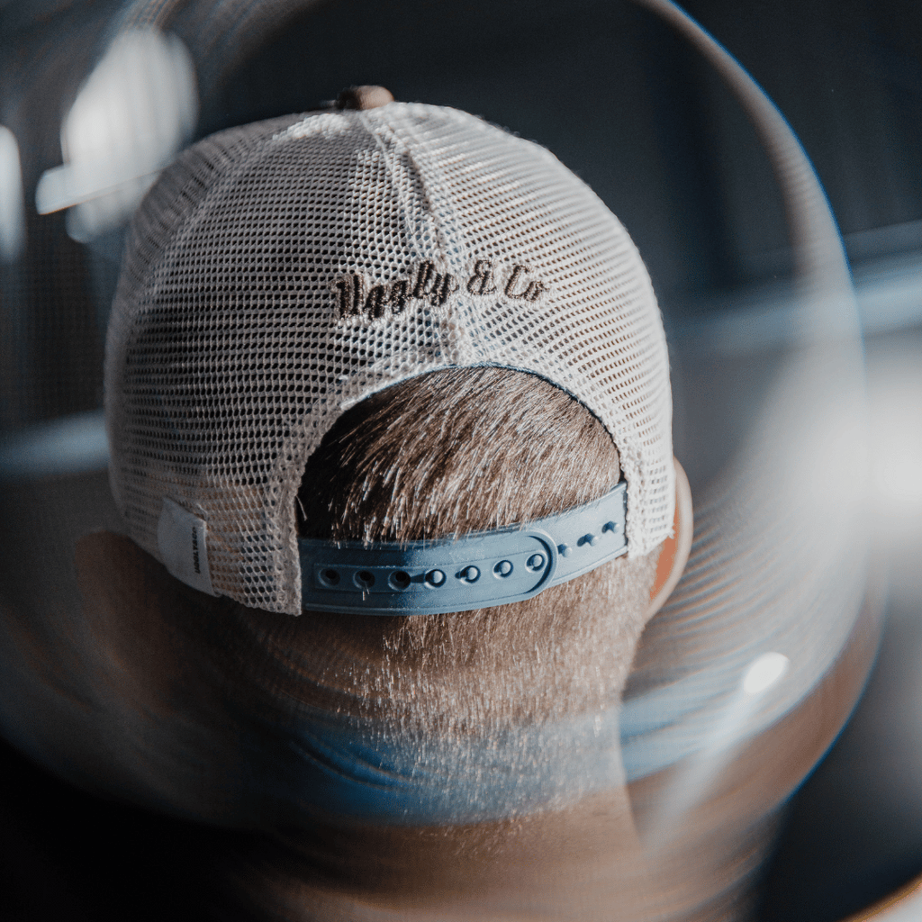 Uggly and Co Flat Track Trucker Hat – Dusty Blue and Brown Vintage Cap