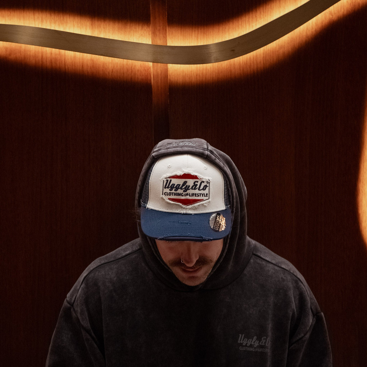 Uggly & Co Navy Blue & White Diamond Distressed Trucker Hat