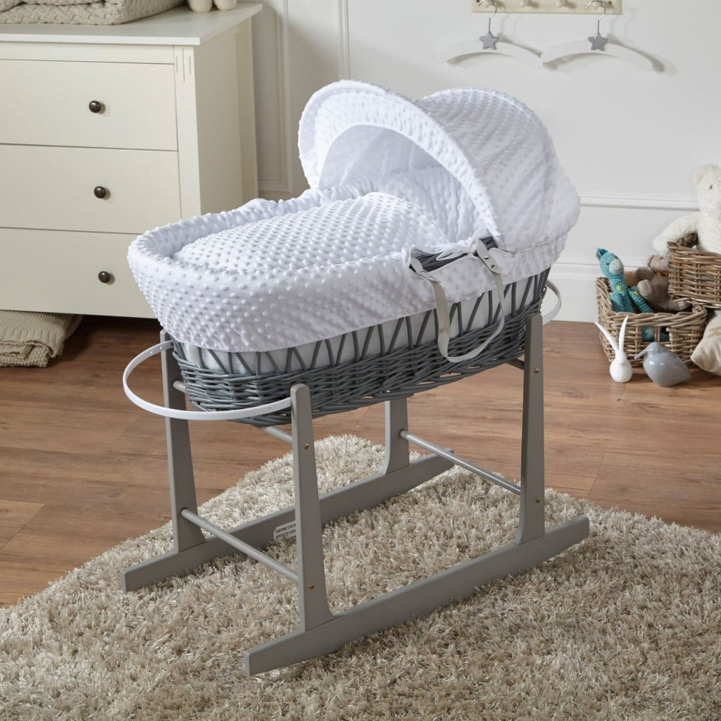 For Your Little One Grey Wicker Moses Basket with Stand - White Dimple