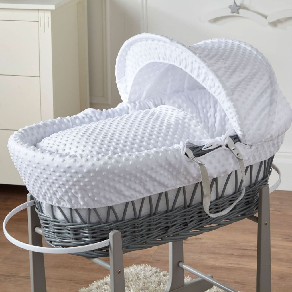For Your Little One Grey Wicker Moses Basket with Stand - White Dimple