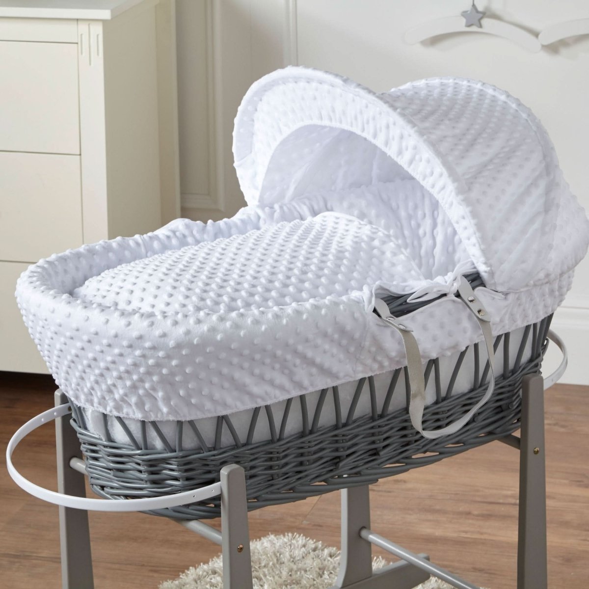 For Your Little One Grey Wicker Moses Basket with Stand - White Dimple