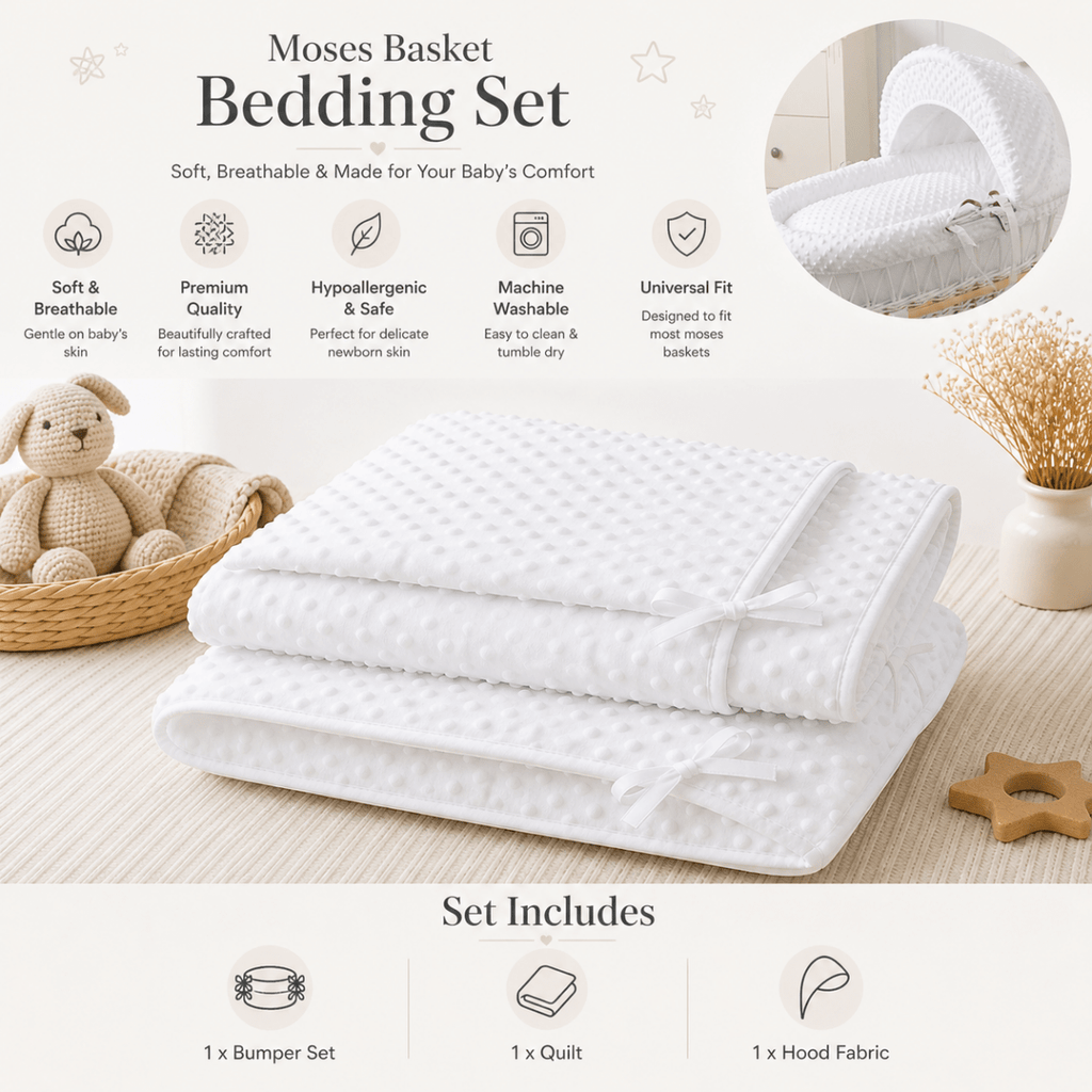 For Your Little One White Dimple Moses Basket Bedding Set with Padded Liner