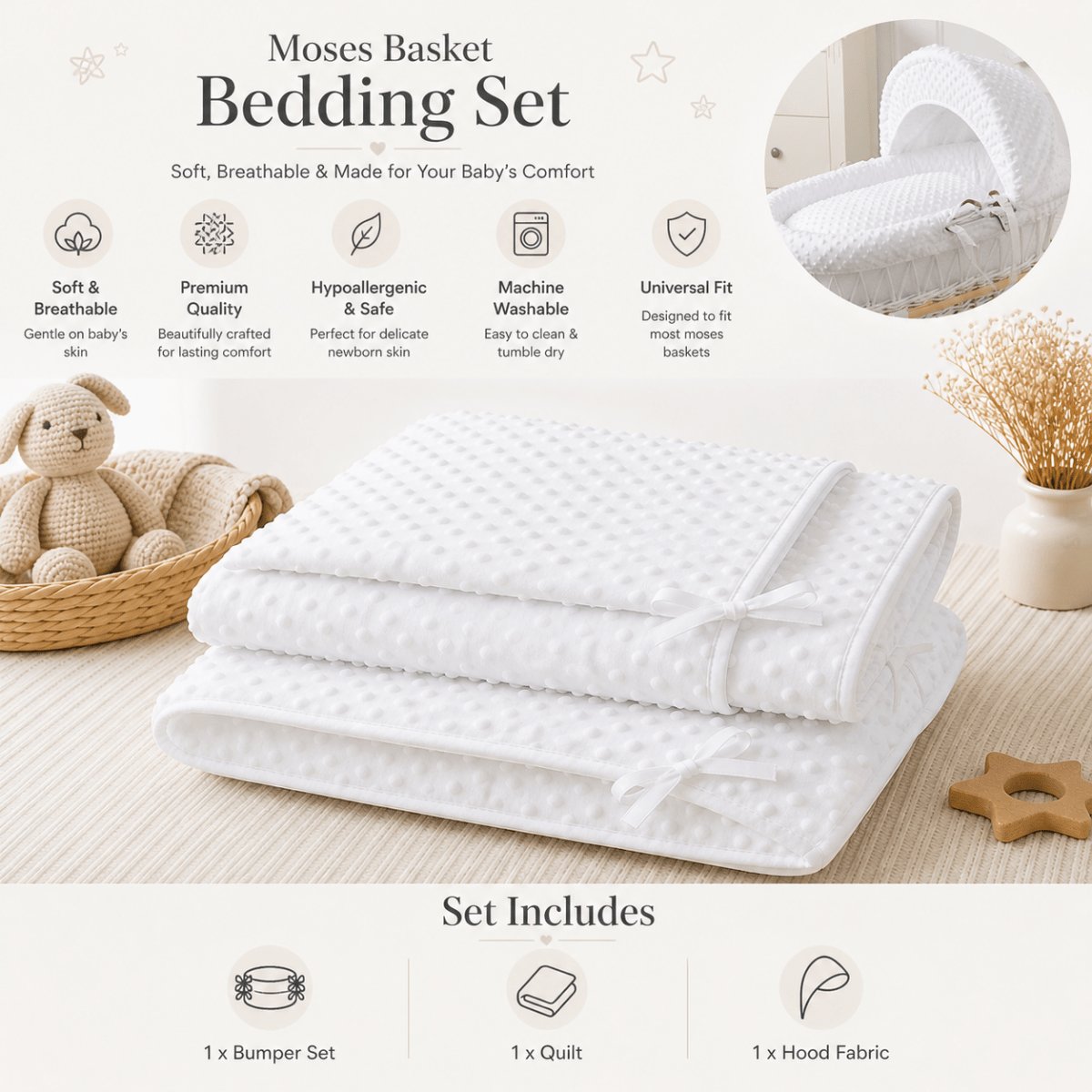 For Your Little One White Dimple Moses Basket Bedding Set with Padded Liner