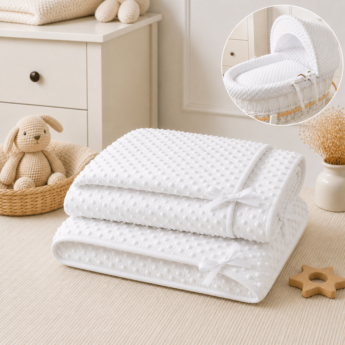 For Your Little One White Dimple Moses Basket Bedding Set with Padded Liner