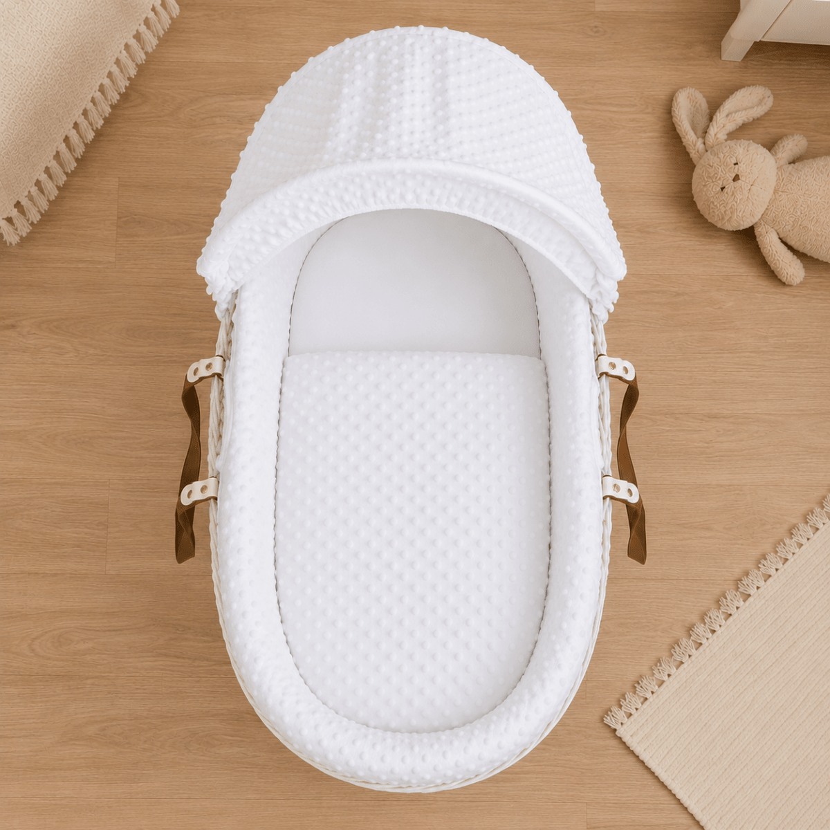 For Your Little One White Dimple Moses Basket Bedding Set with Padded Liner