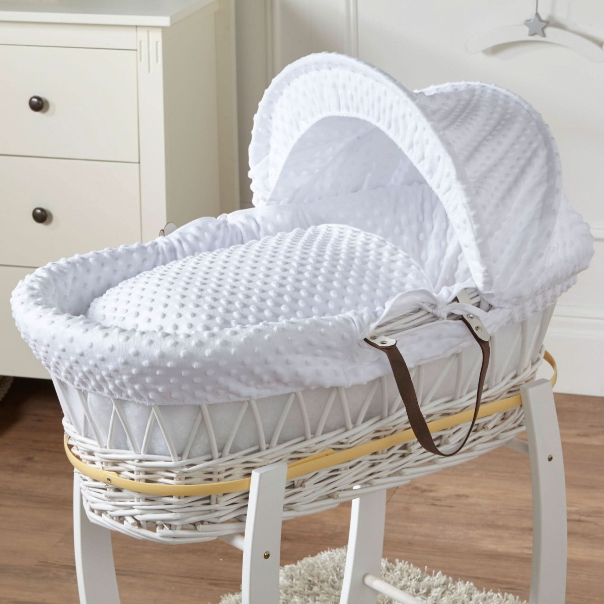 For Your Little One White Wicker Moses Basket with Stand & Dimple Bedding