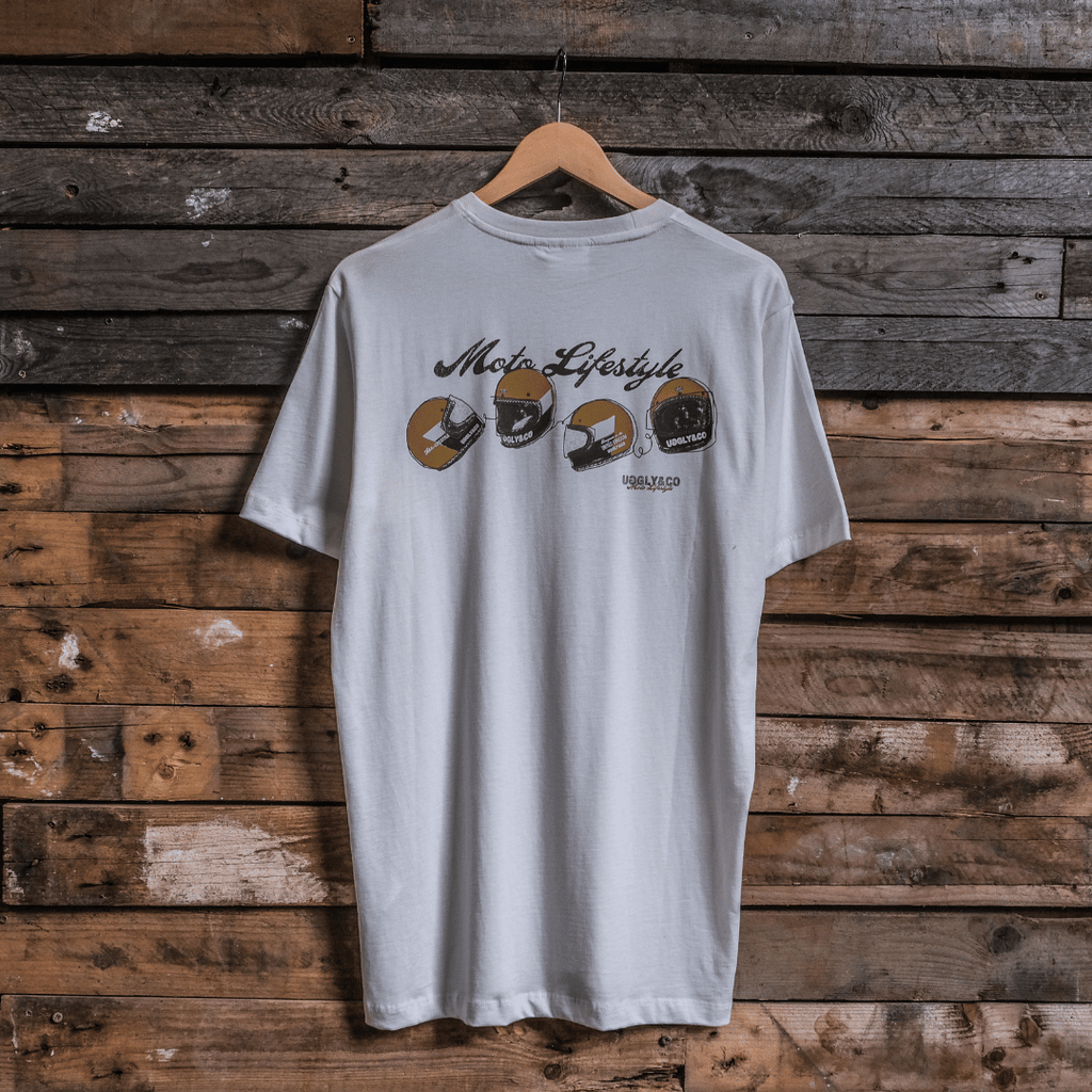 Uggly and Co Helmet Graphic Tee – White Heavyweight Cotton Moto Shirt