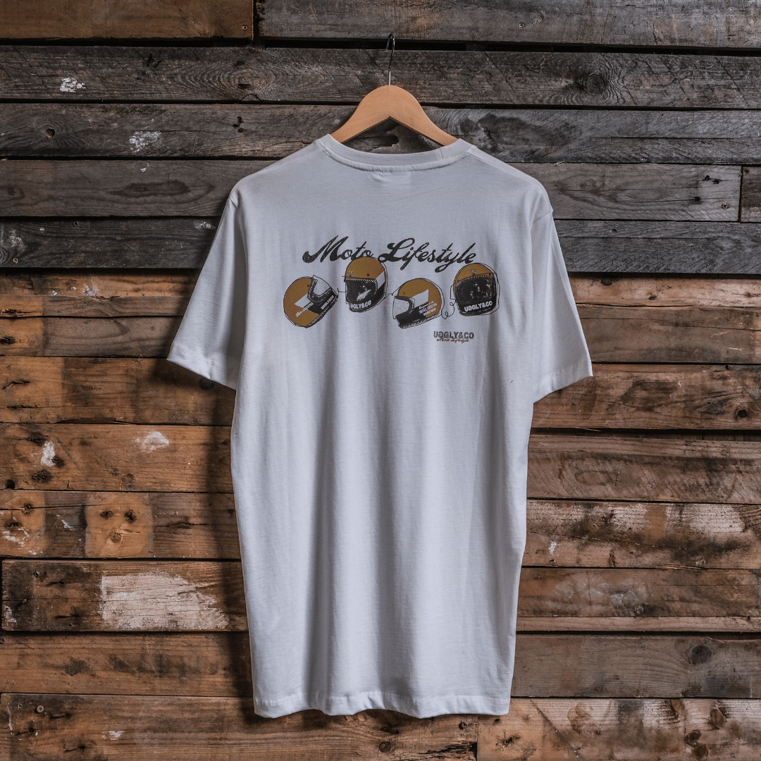 Uggly and Co Helmet Graphic Tee – White Heavyweight Cotton Moto Shirt